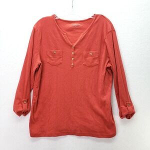 Croft & Barrow Henley Womens Large Coral Shirt‎ Roll Tab Sleeve Button Pockets